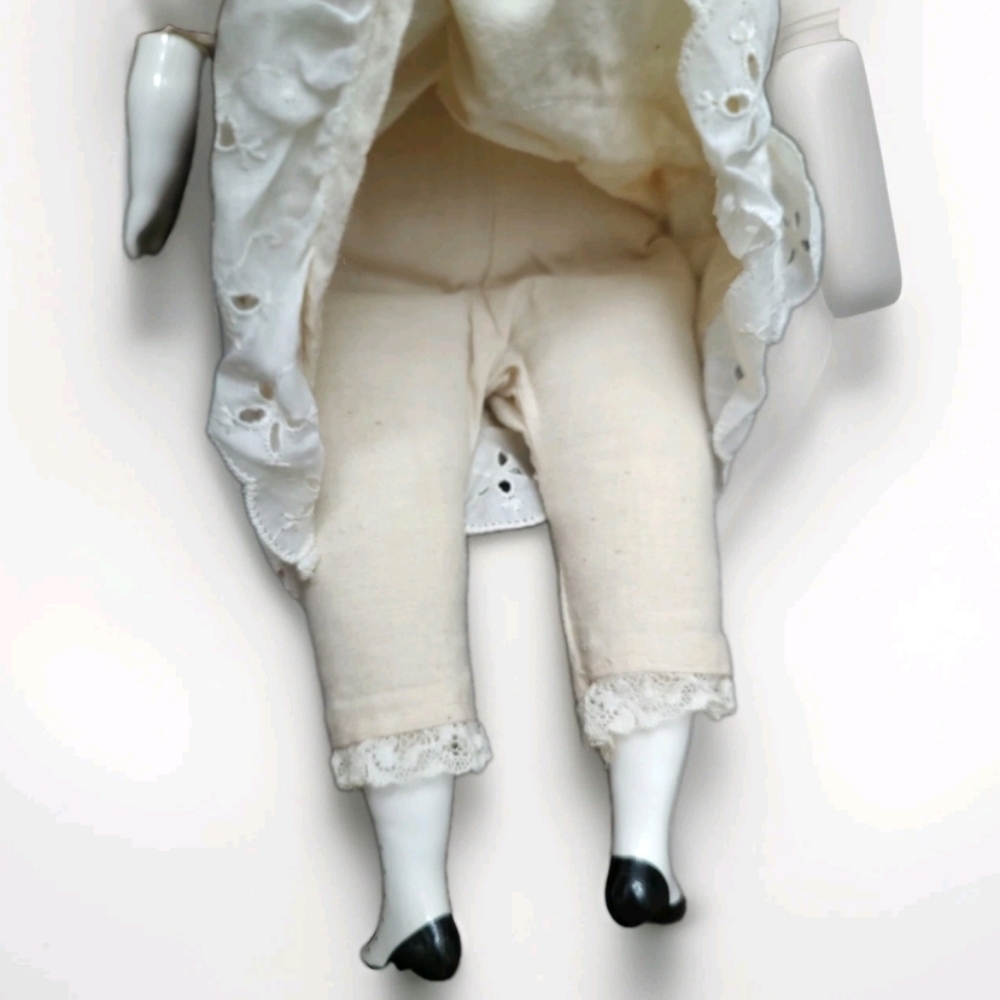 Antique Style Porcelain-Head Low Brow Curly Haired Doll Cream Petticoat See Pics - Picture 8 of 9